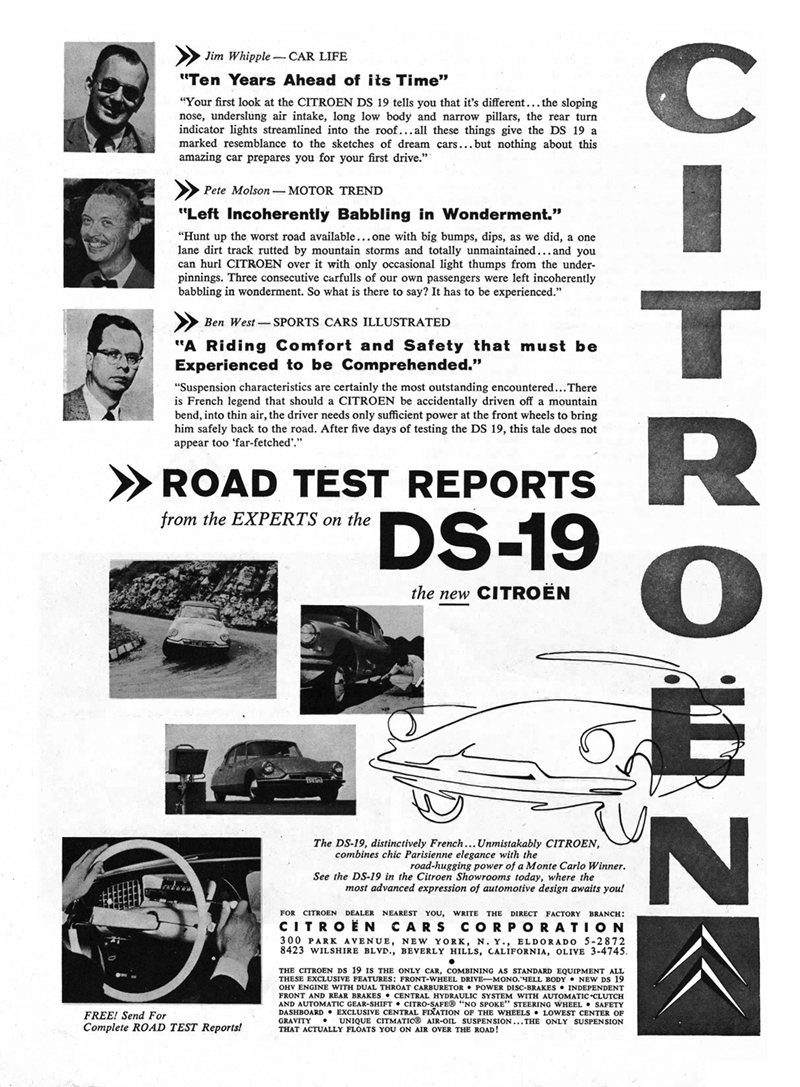 Citroën in USA DS19 1956 publicity material, road test reports